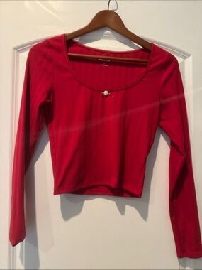 Hollister Crimson Ribbed Scoop-Neck Long Sleeve Top with Accent